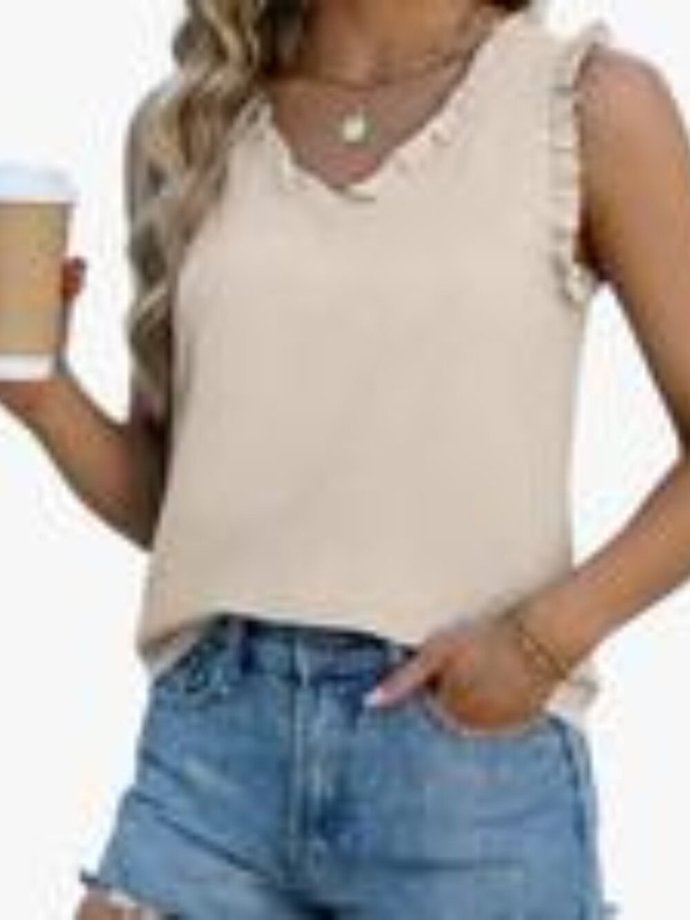 Beige Ruffle V-Neck Tank Top - Size M